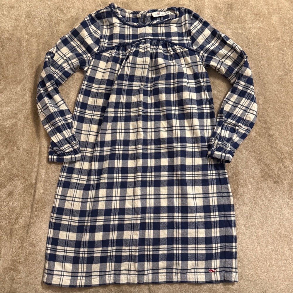 Vineyard Vines Girls Navy Blue White Plaid Flannel Dress Size 12